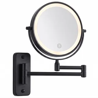 Relaxdays Kosmetikspiegel Wand, mit LED-Beleuchtung, 10-Fach, 360° drehbar, Ø 17,5 cm, Metall, Akku mit USB, schwarz