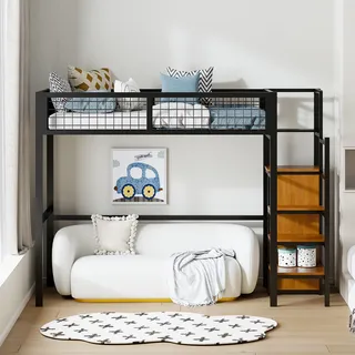 Flieks Etagenbett 90×200cm mit Treppe und Kleiderschrank, Hochbett Jugendbett mit Lattenrost, Kinderbett mit Rausfallschutz, Einzelbett Metallbett, Schwarz - Schwarz
