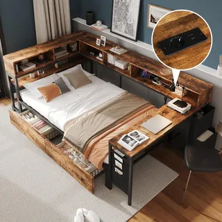 STILVORA Metallbett 120x200 cm mit Stauraum und 2 Schubladen, Einzelbett mit Ablagefächern und Ladeanschluss, Funktionsbett mit Seitentisch und Stofftaschen
