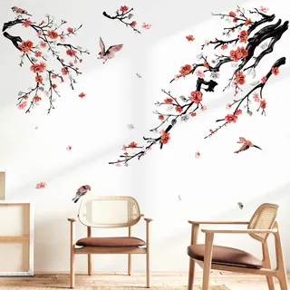 wondever Wandtattoo Blumen Vögel auf Baum Ast Wandsticker Blüten Rot | Abziehen und Aufkleben, Abziehbar, Wandaufkleber Selbstklebend für Schlafzimmer Wohnzimmer Flur Sofa Hintergrund Wanddeko