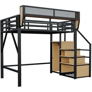 Stilvora Hochbett 140/200 cm in Schwarz mit Leiter und Regal im modernen Design , Metall, Holz , 140x200 cm , Babymöbel & Kindermöbel, Kinderzimmer & Jugendzimmer, Kinderbetten, Hochbetten