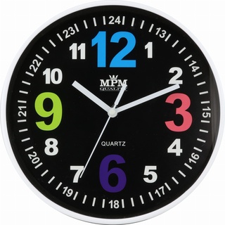 MPM Quality Design Kinder Wanduhr aus Kunststoff mit markanten farbigen Zahlen, Schwarzes Zifferblatt, Quarz Sweep, Bunte Kinder-Uhr, Ø 200 x 34 mm, ideal für Kinderzimmer, Kindergarten oder Schule