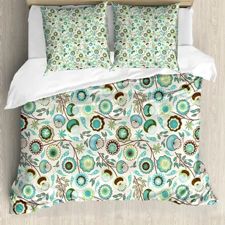 ABAKUHAUS Floral Bettbezugs Set Für Doppelbetten, Pastell Töne Frühjahrsblumen, Milbensicher Allergiker geeignet mit Kissenbezügen, Elfenbein Blasses Türkis Braun und Mintgrün - Türkis