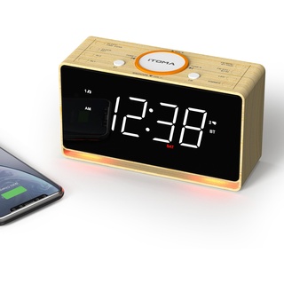 iTOMA Radiowecker, 1,4-Zoll-Uhr mit weißer LED-Anzeige, Bluetooth, UKW-Radio, Dual-Alarm, Sleep-Timer, Snooze, automatischer und manueller Dimmer, USB-Ladegerät 718wood