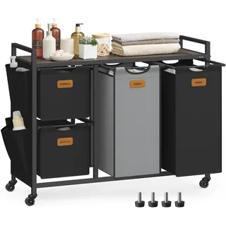 VASAGLE Wäschekorb, Wäschesammler, Wäschesortierer, Rollen, Wäschewagen mit Ablage, kleine seitliche Taschen, 6 Etiketten, 4 Fächer, 150 L, kastanienbraun-tintenschwarz-taubengrau BLH203B01