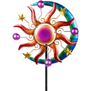 Formano Windrad Garten Metall bunt 124 cm Windspiel Sonne Mond Sterne kugelgelagert dekorative Windmühle wetterfest mit 30 cm Durchmesser für Garten, Terrasse, Balkon & Beet