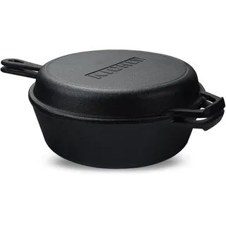 KICHLY Vorgewürzter Dutch Oven Feuertopf- Duale Funktion Bräter Gusseisen Topf – Gusseisenpfanne für Herd & Camping, für den Außen- & Innenbereich - 3L/3.2 Quart Koch set (2 in 1)