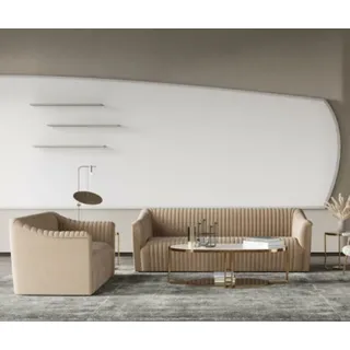 Sofagarnitur 3+1 Sitzer Wohnlandschaft Relax Samt Sitz Design Couch Lounge Neu - Beige
