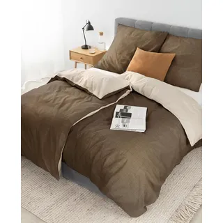 LIONTO dibea Renforcé-Wendebettwäsche aus 100% Baumwolle, 135x200 cm, Kissenbezug 80x80 cm, 4-teilige Bettwäsche zu jeder Jahreszeit, pflegeleicht und formstabil, inkl. Oeko-TEX Zertifikat, braun