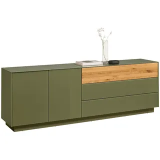 Novel Lowboard , Eichefarben, Olivgrün , Holz, Glas, Holzwerkstoff , Eiche , massiv , 2 Fächer , 2 Schublade(n) Schubladen , 207x69x42 cm , DIN EN ISO 9001 , individuell planbar, Beimöbel erhältlich, stehend, Abdeckplatte aus Glas, spiegelbildliche Montage möglich , Wohnzimmer, TV Möbel, Lowboards, Lowboards stehend