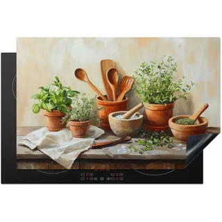 KitchenYeah© Herdabdeckplatte Einteilig Glaskeramikkochfeld Abdeckplatte für | 80x52 cm - Induktionsschutz Glaskeramikkochfeldabdeckung Vinyl Herdabdeckplatten Töpfe - Kräuter - Holz