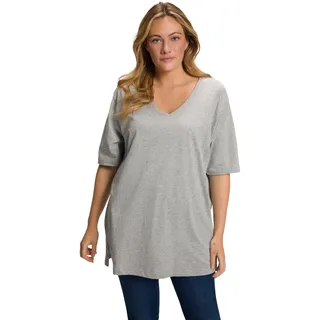 Ulla Popken Damen große Größen Übergrößen Plus Size T-Shirt, V-Ausschnitt, Relaxed, Halbarm hellgrau mélange 58+ 515283134-58+
