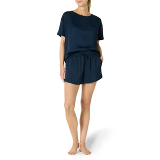Amazon Essentials Damen Set aus Pyjama-Top und Shorts aus Satin, Marineblau, M