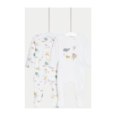 Unisex,Boys,Girls M&S Collection 2pk Pure Cotton Farmyard Sleepsuits (61⁄2lbs-3 Yrs) - White Mix, White Mix - 6-9 M