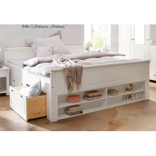 OTTO home home »Tessin, Stauraumbett, Landhausstil, Schubladen optional, rustikal«, Breite/Belastbarkeit 180cm/220 KG, 140cm/180 KG, zertifizierte Kiefer, Kassetten-Optik, stabile Qualität, weiß