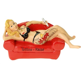 Spardose Tattookasse Tätowiererin auf Sofa 18 cm Tattoo Girl tätowieren Poly bunt Sparschwein