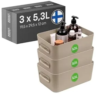 SmartStore Aufbewahrungsbox 3× 5.3 L | Klein M Aufbewahrungskorb mit Griffen für Küche, Badezimmer, Büro-Organizer, Regal Kunststoffbox | Beige Organizer mit 10 Jahren Garantie| L29.5 × W19.5 × H12 cm