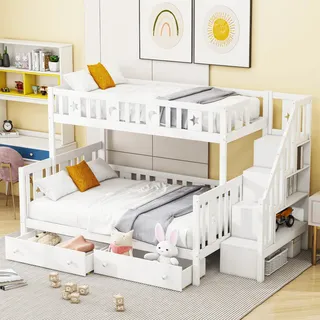 MODFU Etagenbett Kinderbett 90x200cm/140x200cm mit Stauraum Treppe, Hochbett mit Rausfallschutz, Massivholzbett Stockbett mit Lattenrost und zwei großen Schubladen, Jugendbett Bettgestell, Weiß - Weiß