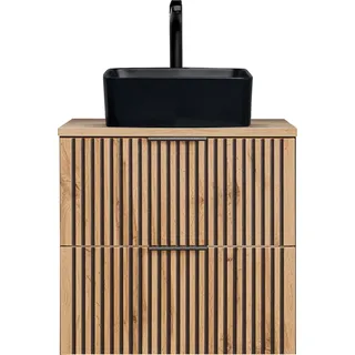 Waschtisch Unterschrank 60 cm mit Aufsatzwaschbecken schwarz matt XANTEN-56 in anthrazit mit Eiche Nb. schwarz gerillt, B/H/T: ca. 60,6/72,2/46,5 cm - Braun