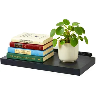 Relaxdays Wandregal, HxBxT: 4 x 40 x 23 cm, Holzoptik & Metall, Bücher, Deko, Wandbrett Wohnzimmer, Flur, Küche, schwarz