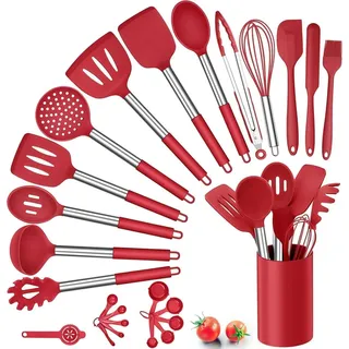 25-teiliges Silikon Küchenutensilien Set mit Halter, Hitzebeständiges Kochbesteck Set, Edelstahlgriff, Antihaft Küchenset, Aufbewahrungsbehälter, Rot