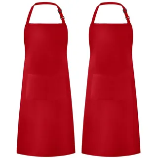 Syntus Verstellbare Latzschürze, wasserabweisend, mit 2 Taschen, Kochen, Küchenschürzen für Grillen, Zeichnen, Damen, Herren, Koch, Rot, 2 Stück