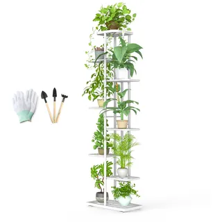 MAIJIAJU 8 Etagen Blumenständer Weiss mit Gartengeräte und Handschuhe, 141cm Hoch Pflanzenständer Metall Innen Außen, Mehrstöckig Blumenregal Pflanzentreppe Eckregal Stehend für Garten Balkon Deko