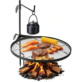 VEVOR Schwenkbarer Lagerfeuergrill mit Grillrost 62 cm Kohlenstoffstahl, Höhenverstellbarer Schwenkgrill mit Grillständer, Drehbarer Outdoor-Grill für offenes Feuer, Camping und Garten, Schwarz