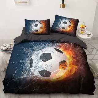 YASMENG Bettwäsche Fussball 135x200 Jungen Flamme Wasser Orange Fußball Bettbezug Set Weich Mikrofaser Fussball Bettwäsche 2teilig für Jugendliche Geschenke mit Reißverschluss und 80x80 cm Kissenbezug