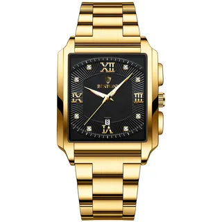 JewelryWe Herrenuhr Edelstahl Rechteckige Uhr: Herren 30m Wasserdicht Kalender Analog Quarz Armbanduhr Männer Gold Edelstahlarmband Leuchtend Uhr mit Schwarz Eckigem Römischen Ziffern Zifferblatt