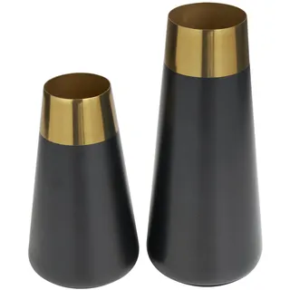Deco 79 Stainless Steel Metal Decorative Vase Centerpiece Vases with Gold Rims, Set of 2 Flower Vases for Home Decoration 11', 8'H, Black