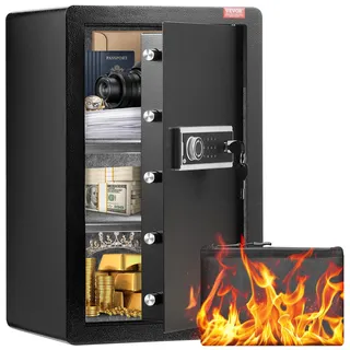 Vevor Safe Tresor mit feuerfester Geldtasche, Einzeltür-Safe 99 L, 2 Trennwände, digitaler Möbeltresor mit Schlüssel und Code, Wertsachenbox für Geld, Schmuck und Medikamente, Geldtresor Schwarz