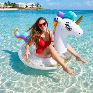 HYZYWON Einhorn Schwimmring Erwachsene, Schwimmreifen Einhorn aufblasbare mit Glitzer, Schwimmtier Groß, aufblasbarer Pool Ring, Schwimmring Wasserspielzeug für Pool Party Sommer Strand (A, 120)