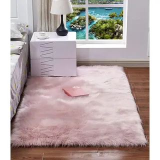 HARESLE 120x160cm Kunstfell Teppich Flauschiger Rosa Teppich Waschbarer | 6cm langflor, Hochflor, Rutschfest Kunstwildleder, für Wohnzimmer,Schlafzimmer, Kinderzimmer, Babyzimmer