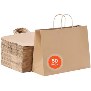 Vevor Kraftpapiertüten, 50er-Pack, Geschenktüten mit Henkel, 406x152x308 mm, große Einkaufstüten, Papiertragetaschen, Krafttaschen für Geburtstage, Hochzeiten, Einkäufe, Geschenke, braun