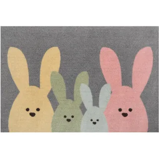 HANSE HOME Fußmatte für Innen und Außen 40x60cm - Schmutzfangmatte Türmatte Bunny Family mit Hasen Motiv Waschbar & Wetterfest, rutschfest für Eingangsbereich & Außenbereich – Grau Bunt