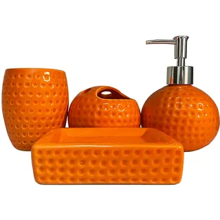 Badezimmer-Zubehör-Set, orange, 4-teiliges Keramik-Badezimmer-Dekor-Zubehör, komplettes Set, inklusive Badezimmer-Seifenspender-Set, Zahnbürstenhalter-Set, Becher, Seifenschale