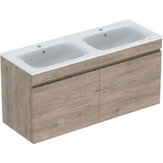 Geberit Renova Plan Set Doppelwaschtisch mit Unterschrank, 2 Schubladen, 130x62,2x48cm, 501.918.JR.1, Farbe: Waschtisch: weiß, Front/Korpus: Nussbaum hickory/folienbeschichtet