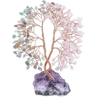 KYEYGWO Rosenquarz & Fluorite Heilung Kristall Geldbaum auf Natürlichen Amethyst Drusensegment Rohstück Basis, Feng Shui Bonsai Baum Deko Stein Glückbaum Liebe Edelsteinbaum Ornament