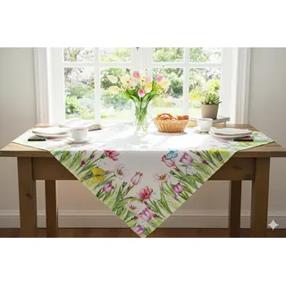 KAMACA Tischdecke mit Blumen quadratisch mit Aquarell-Tulpen & zarten Schmetterlingen frühlingshafte Deko für Esszimmer Küche Wohnzimmertisch Frühling Sommer (Mitteldecke 85x85 cm Tulpenpracht)
