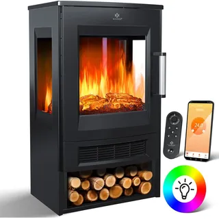 KESSER® Elektrokamin mit Heizung Panorama-Sichtfenster Heizlüfter 9 LED-Flammeneffekt Farbmodi Fernbedienung WiFi App 900/1800W Kaminfeuer elektrisch Elektro Kamin mit Thermostat Heizfunktion Timer - Schwarz