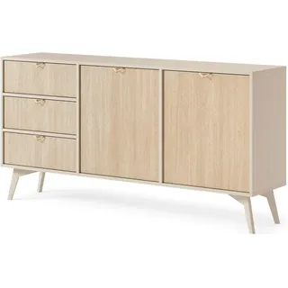 Easy4You Kommode F1 Sand 158x80x38 cm (B x H x T) mit 3 Schubladen und 2 Türen Sideboard Ideal für Wohnzimmer, Schlafzimmer Moderne Elegante Schubladenschrank mit Fuß - Beige