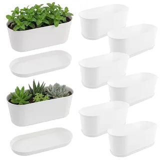 LOLYSIC 8 Stück Kräutertopf mit Tablett 22.8 x 9 x 8.2 cm, Weißes Rechteckiger Plastik Pflanzgefäß, Bonsai-Topf, Innen & Außen Geeignet, Balkonkasten Balkon für Garten, Fensterbank