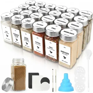 JAECU 24pcs Gewürzgläser Eckig mit Edelstahldeckel, 120ml Glasbehälter mit Streueinsatz, Luftdichte Gewürzdosen inkl. Trichter, Permanentmarker, Bürste & Etiketten (Weiß)