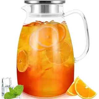 2L Glaskaraffe mit Edelstahldeckel – Hitzebeständiger Wasserkrug aus Borosilikatglas, tropffreier Ausguss mit Filter, spülmaschinenfest, für heiße & kalte Getränke