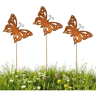 SPERMUOY Gartenstecker Outdoor Schmetterling Gartenstecker,3er Rost Schmetterling Gartendeko für draußen,Metall Blumenstecker Deko für Garten Terrasse Balkon Blumentopf