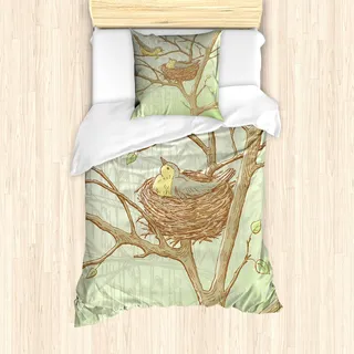 ABAKUHAUS Voliere Bettbezug Set für Einzelbetten, Baum-Tier-Frühling Woods, Milbensicher Allergiker geeignet mit Kissenbezug, 135 cm x 200 cm - 80 x 80 cm, Ecru Dämmerung - Weiß