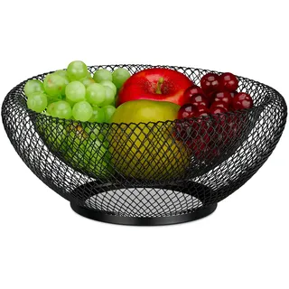 Relaxdays Obstschale Metall, runder Obstkorb, doppelwandig, HxD: 10 x 25 cm, Drahtkorb für Früchte & Gemüse, schwarz