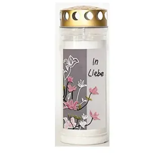 St. Jakob ́s Motivkerzen - Grabkerzen in weiß mit Golddeckel - Motiv und Spruch In Liebe - 24 STÜCK Grablichter mit Deckel - 7 Tage Wochenbrenner Grabkerzen - Friedhofskerze