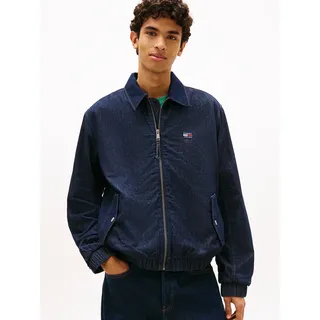 Jeansjacke TOMMY JEANS "CHAMBRAY HARRINGTON", Herren, Gr. L, blau (denim schwarz), Web, Obermaterial: 100% Baumwolle, unifarben, regular fit normal, Rundhals, eingesetzt elastischer Bund, Jacken Jeansjacke, Regular fit mit Klappentaschen